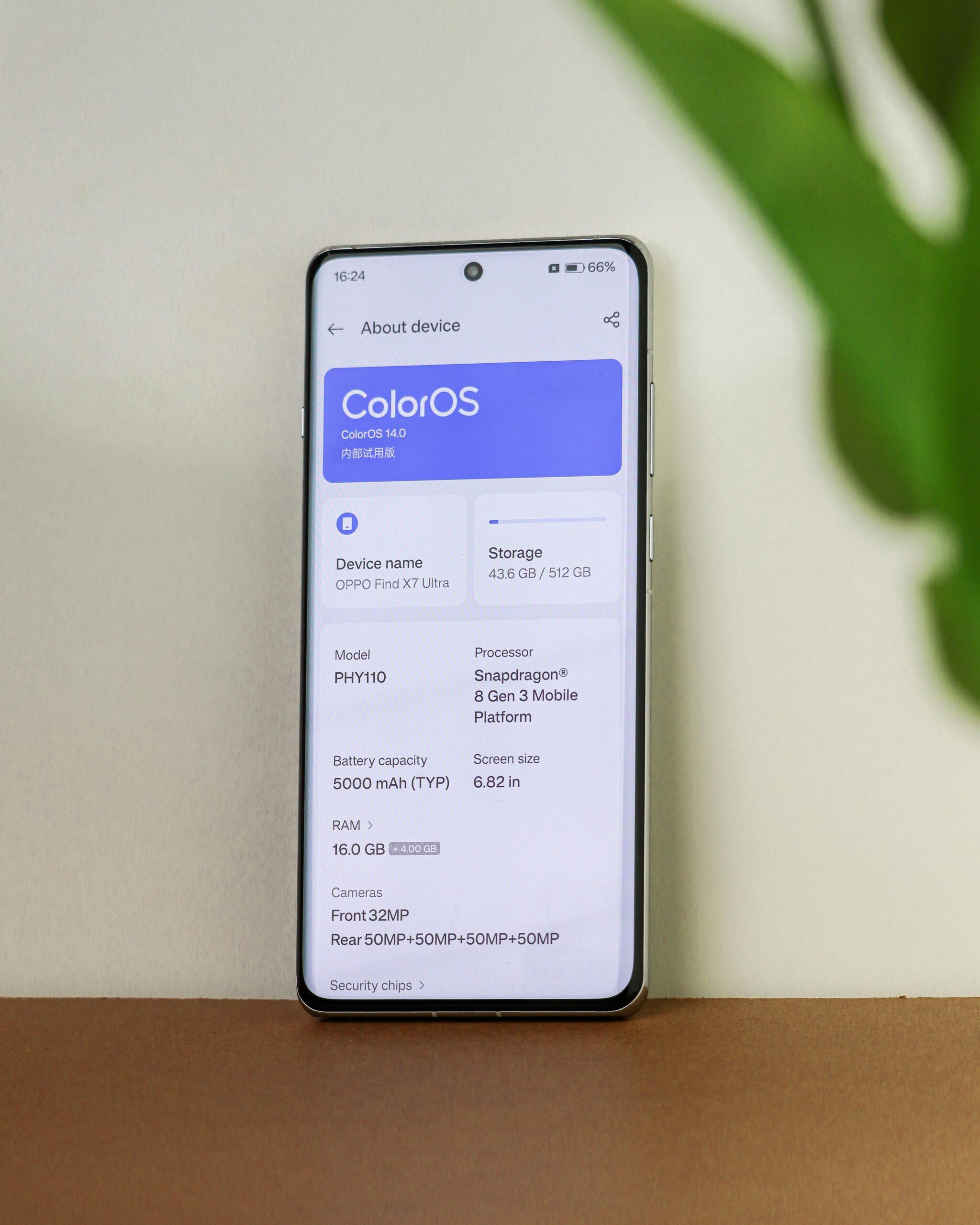 Smartphone showing ColorOS, about device page on white screen.