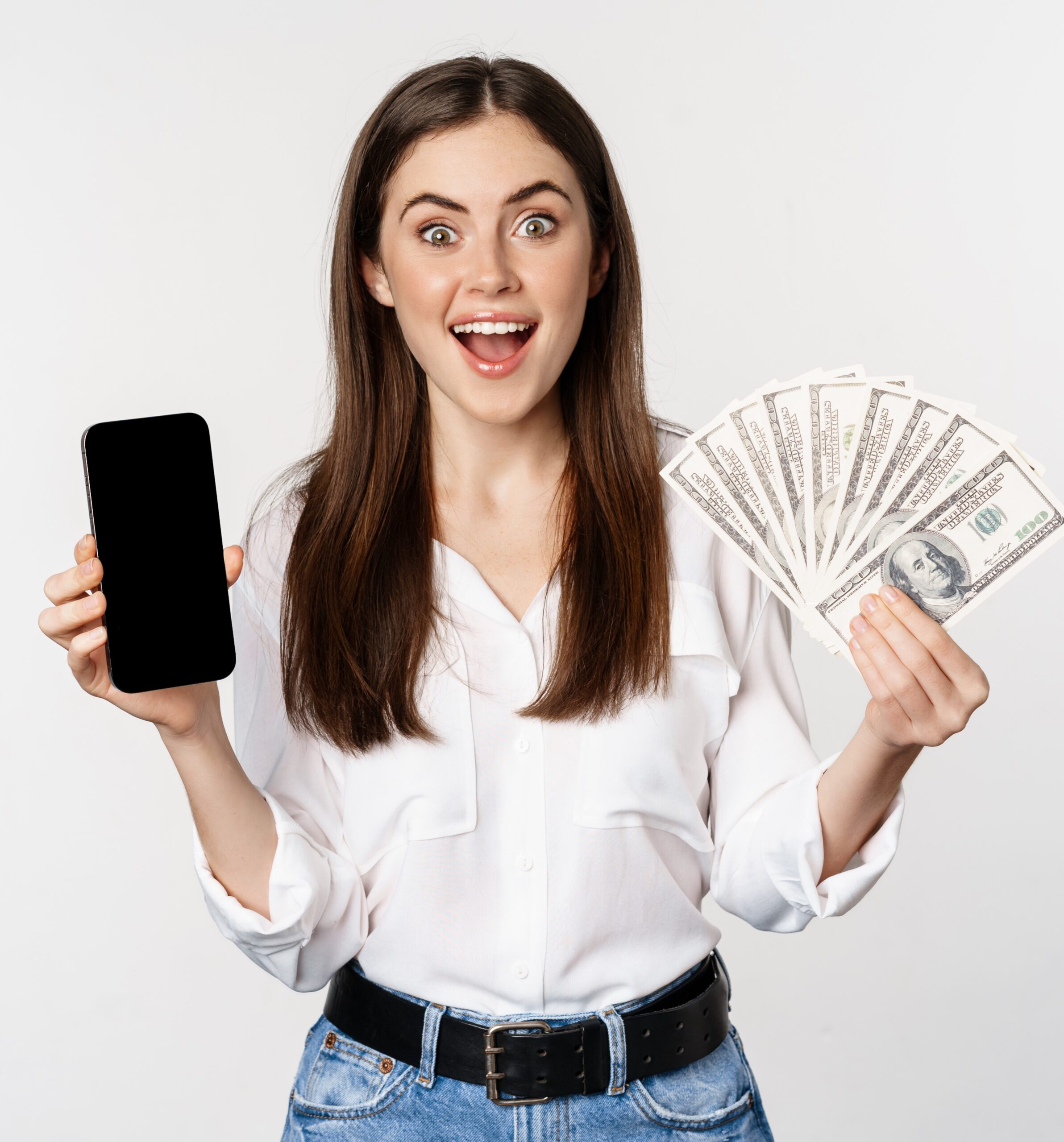 woman showing mobile phone screen cash money concept microcredit bank loans standing white background 1 scaled